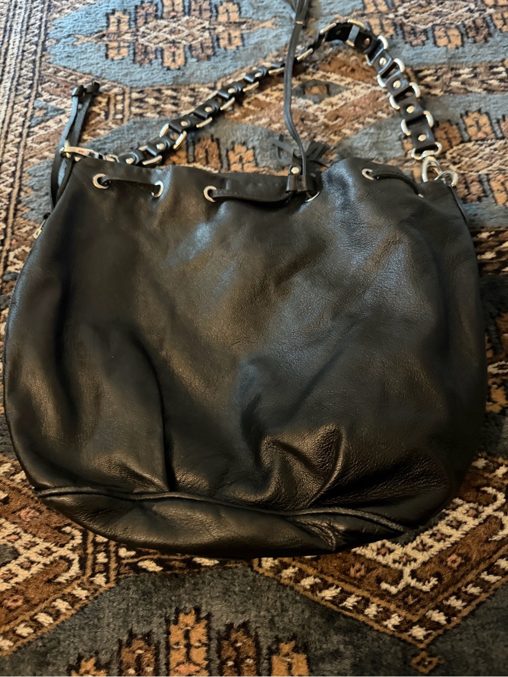 Roots Black Leather Shoulder Bag with Chain-Link Strap
